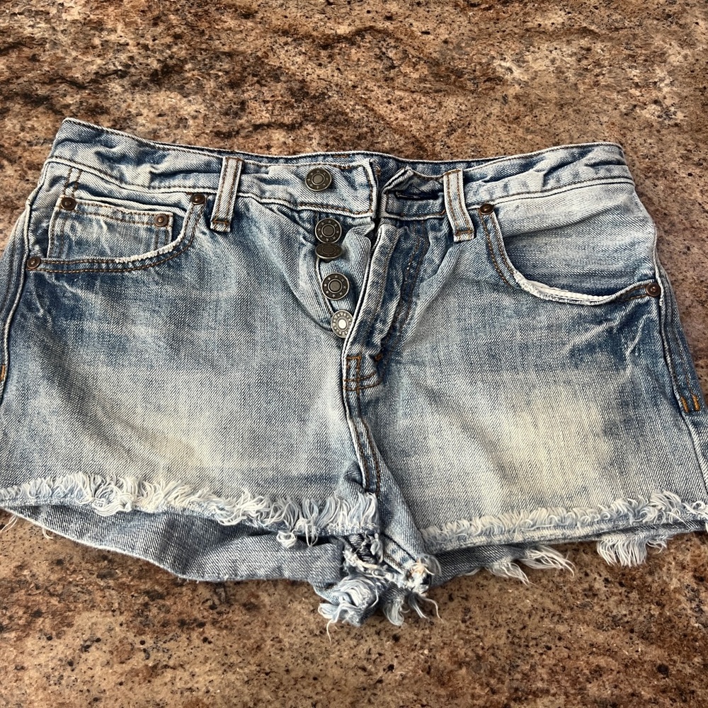 Free People Light Blue Frayed Jean Shorts